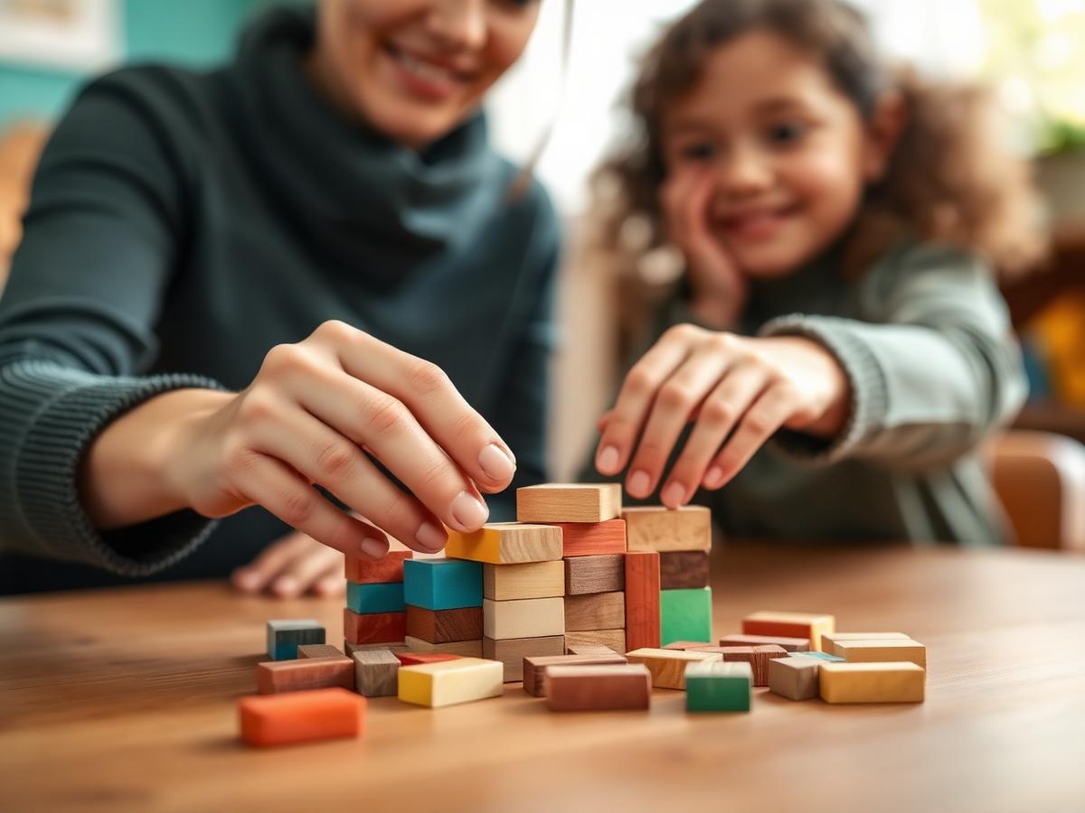 Mãos de uma mãe e de uma criança montando blocos coloridos sobre a mesa